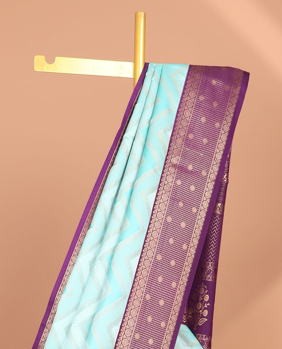 Light blue zig zag floral striped soft silk saree with contrast zari design border & floral, zig zag striped zari design pallu