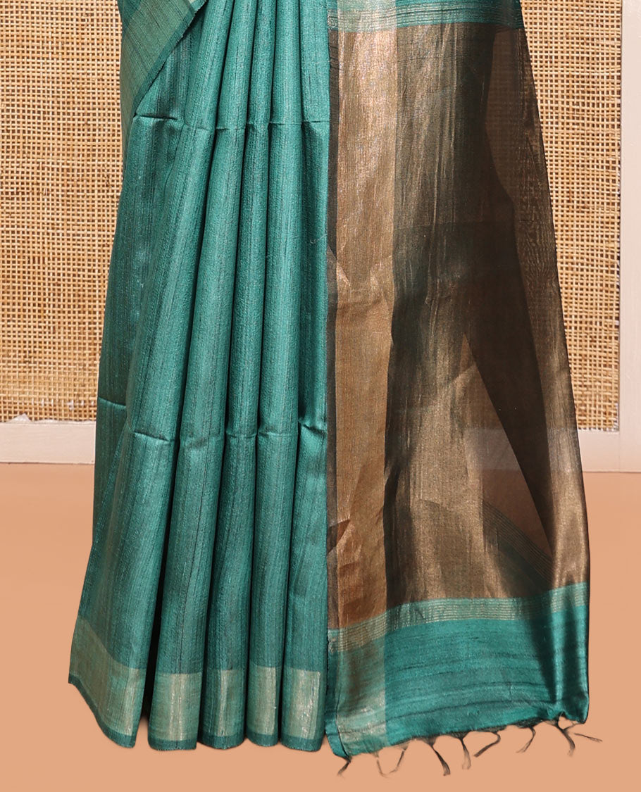 Green Plain Tussar Silk Saree, a Subtle Border, Gleaming Pallu, and a Matching Blouse