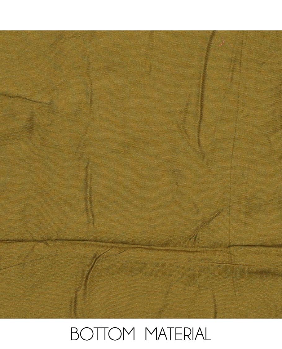 Green material churidar set, floral and kaleidoscopic geometric patterned rayon top, plain bottom, and dupatta of floral and geometric patterns