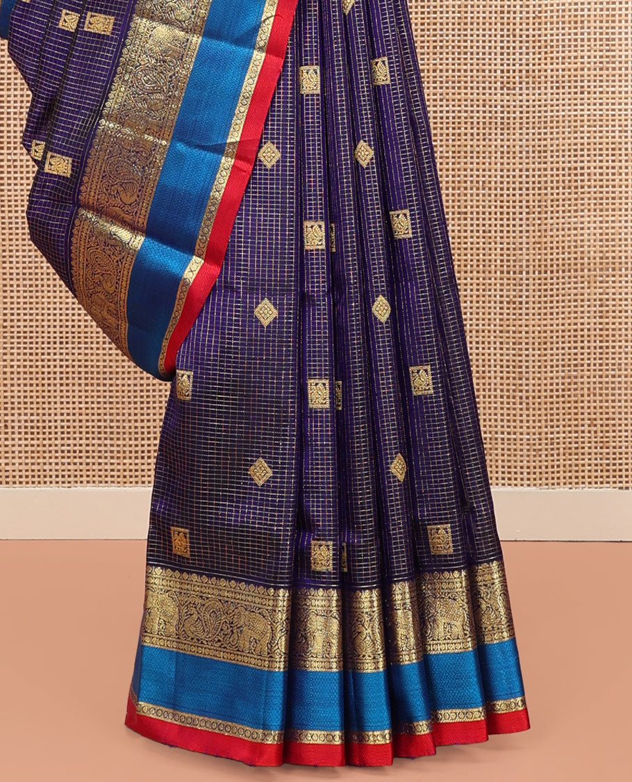 Blue Venkatagiri Silk Saree, Spotlighted with Zari Buttas Enclosed Checks All Over Its Body, Complemented by a Contrast Traditional Zari Design Border, Pallu of Jaal Designs, and Paired with a Contrast Blouse