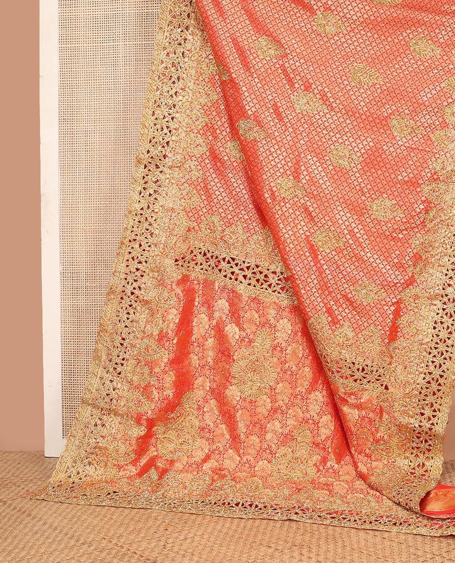 Red jacquard stone embroidered silk saree, stone embroidered scallop zari design cut work border & zari woven & stone embroidered pallu