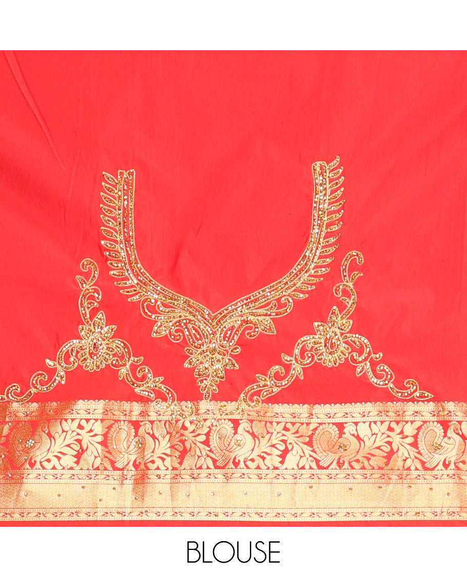 Red jacquard stone embroidered silk saree, stone embroidered scallop zari design cut work border & zari woven & stone embroidered pallu