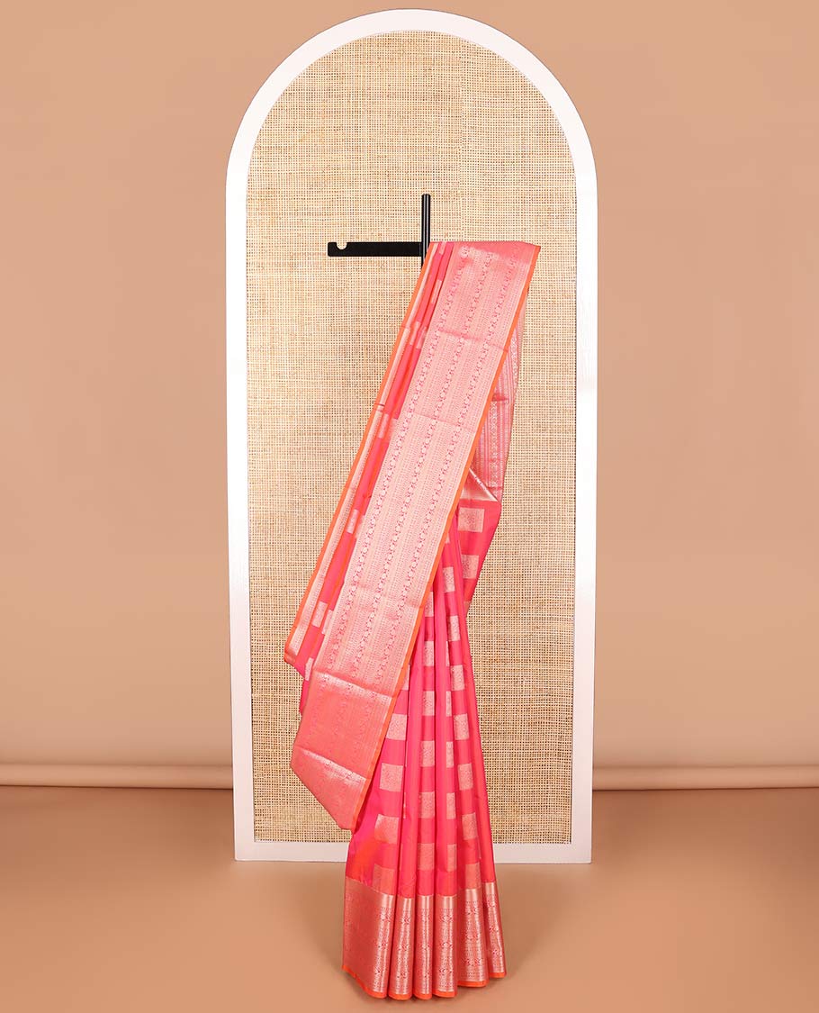 Red square motifs vasundhara elite silk saree with contrast floral design border & argyle design pallu