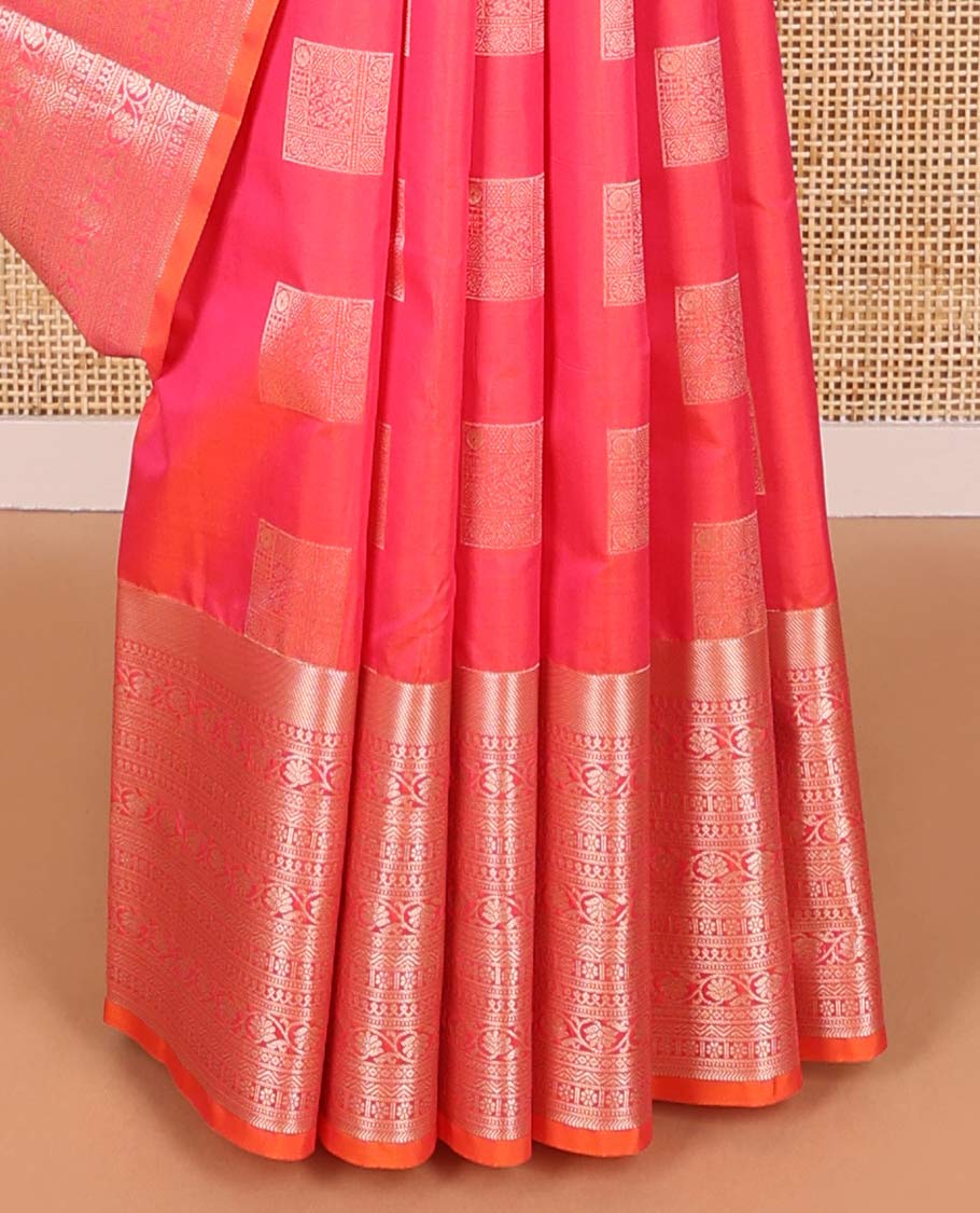 Red square motifs vasundhara elite silk saree with contrast floral design border & argyle design pallu