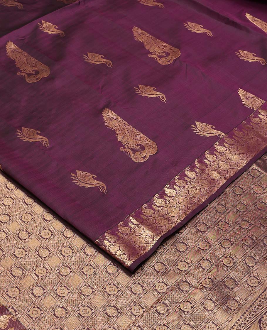 Purple mayil buttas Vasundhara silk mix saree, zari manga mokku border, and chakram buttas enclosed pallu