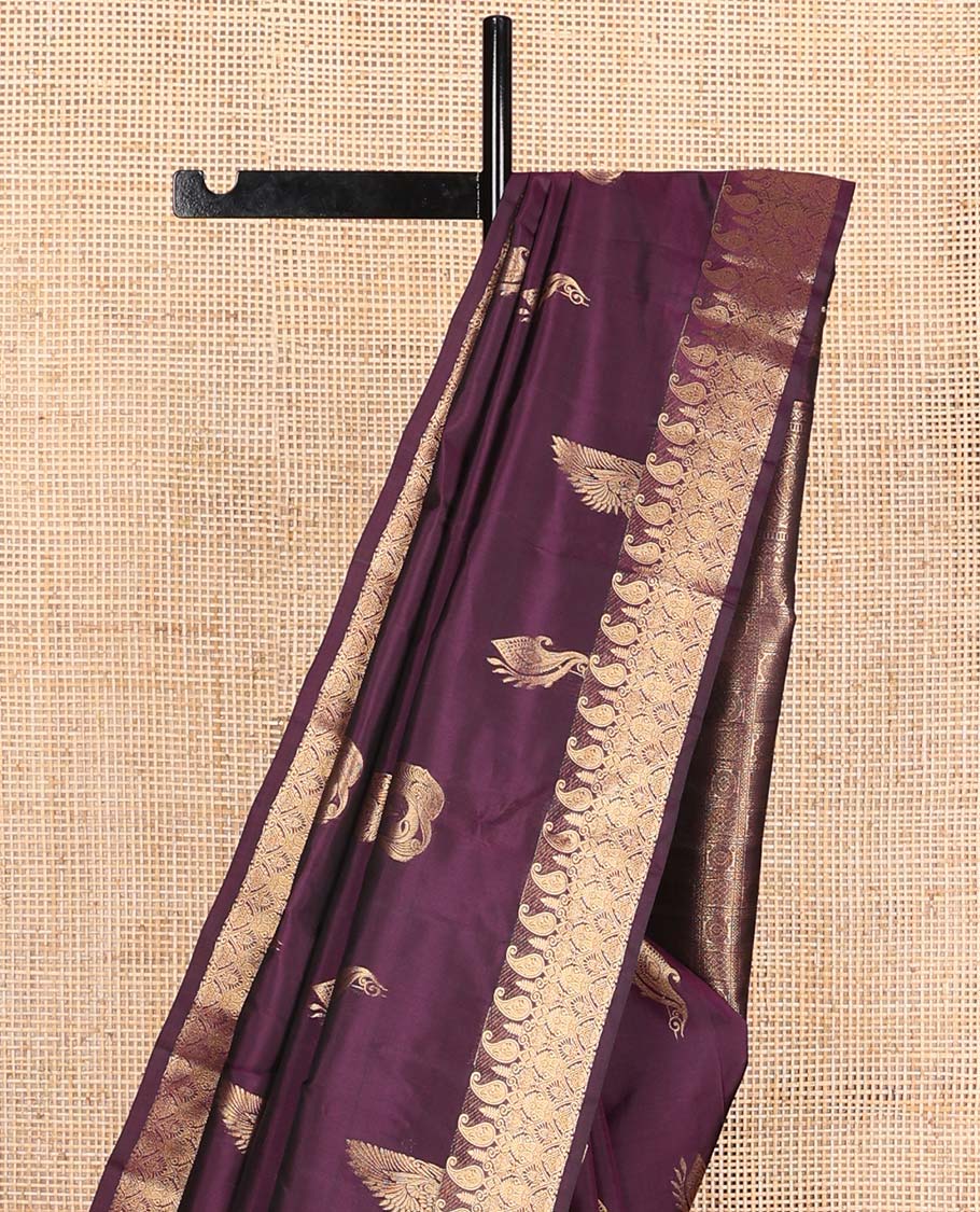 Purple mayil buttas Vasundhara silk mix saree, zari manga mokku border, and chakram buttas enclosed pallu
