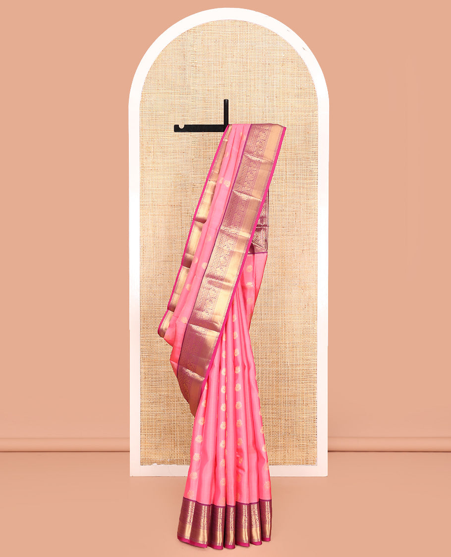 Pink Vasundhara Lite Silk Mix Saree, Mesmerized with Zari Buttas All Over Its Body, Complemented by Contrast Border of Rekku, Rudraksham, Laddu Kamalam, Yaanai, and Mayil Kann Designs, Grand Jaal Pallu and Paired with a Contrast Blouse