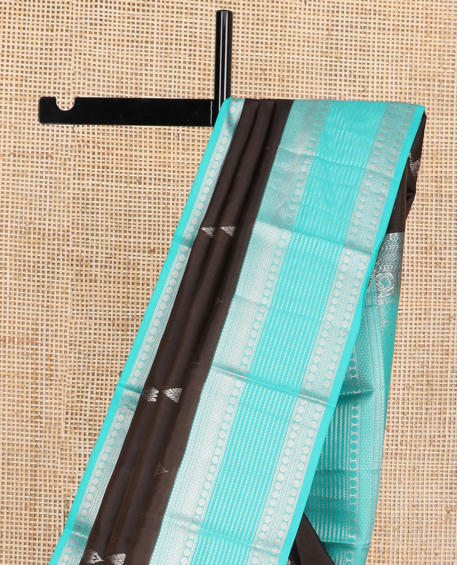 Black buttas silk saree with contrast rettai pettu zari border of muthu, banaras, paun design & floral, striped design pallu