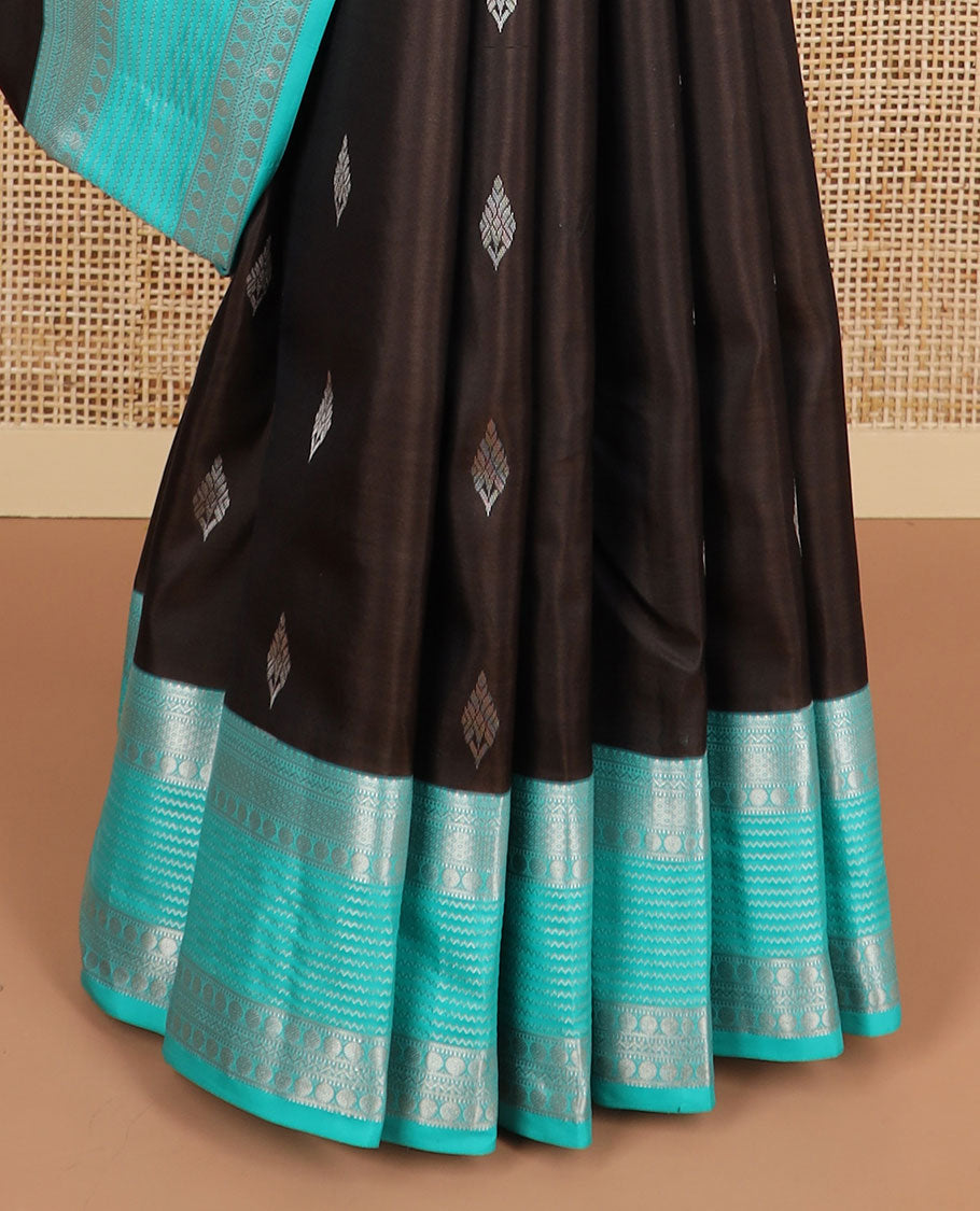 Black buttas silk saree with contrast rettai pettu zari border of muthu, banaras, paun design & floral, striped design pallu