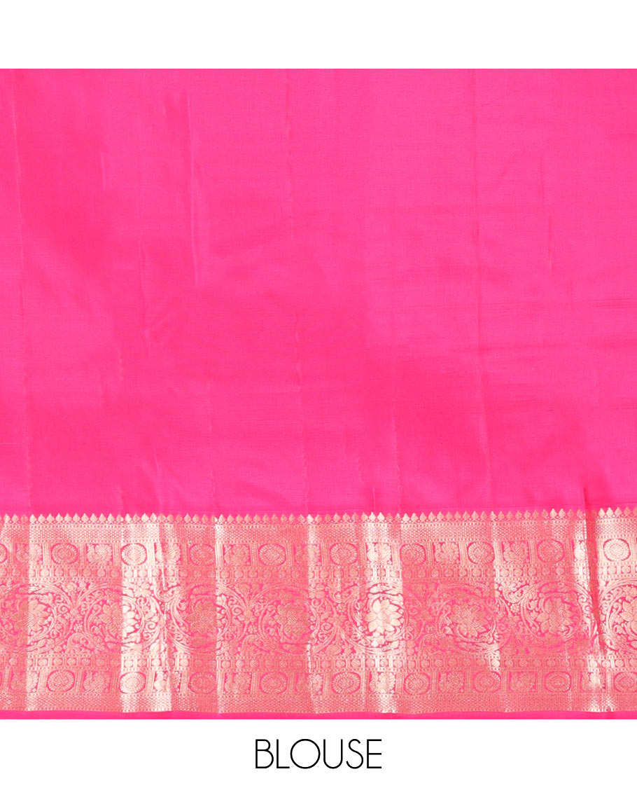 Parrot Green Vasundhara Silk Saree, Artfully Detailed with Zari Designs, Complemented by a Contrast Border of Thilakam Mokku, Muthu, Mayil, Chakra, Kuyil Kann, and Kodi Visiry Designs, Pallu of Floral Jaal Designs, and Paired with a Contrast Blouse