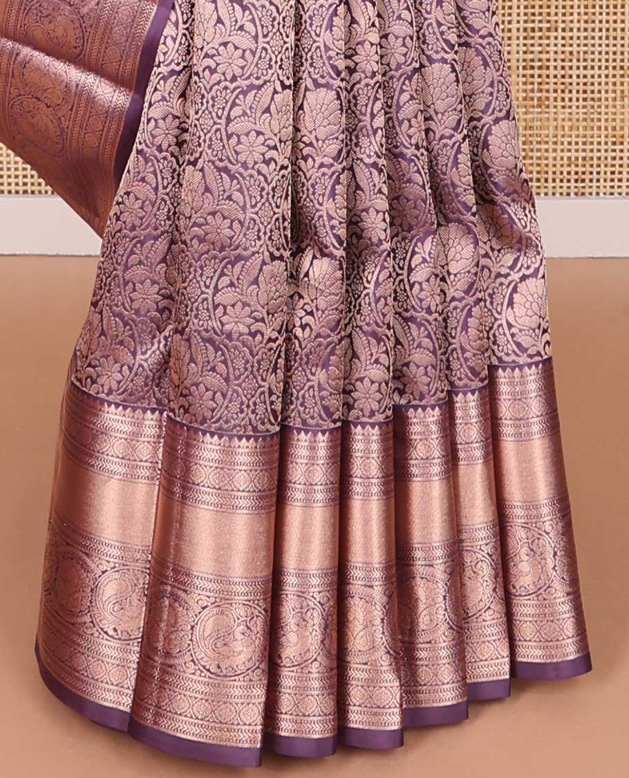 Purple floral design kancheepuram silk saree with self border of rekku, banaras, muthu, kathir, poo chakram design & zari design pallu