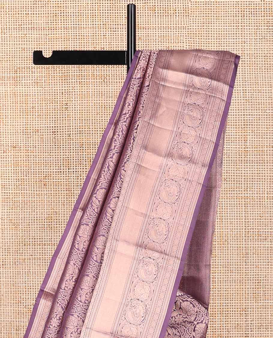 Purple floral design kancheepuram silk saree with self border of rekku, banaras, muthu, kathir, poo chakram design & zari design pallu