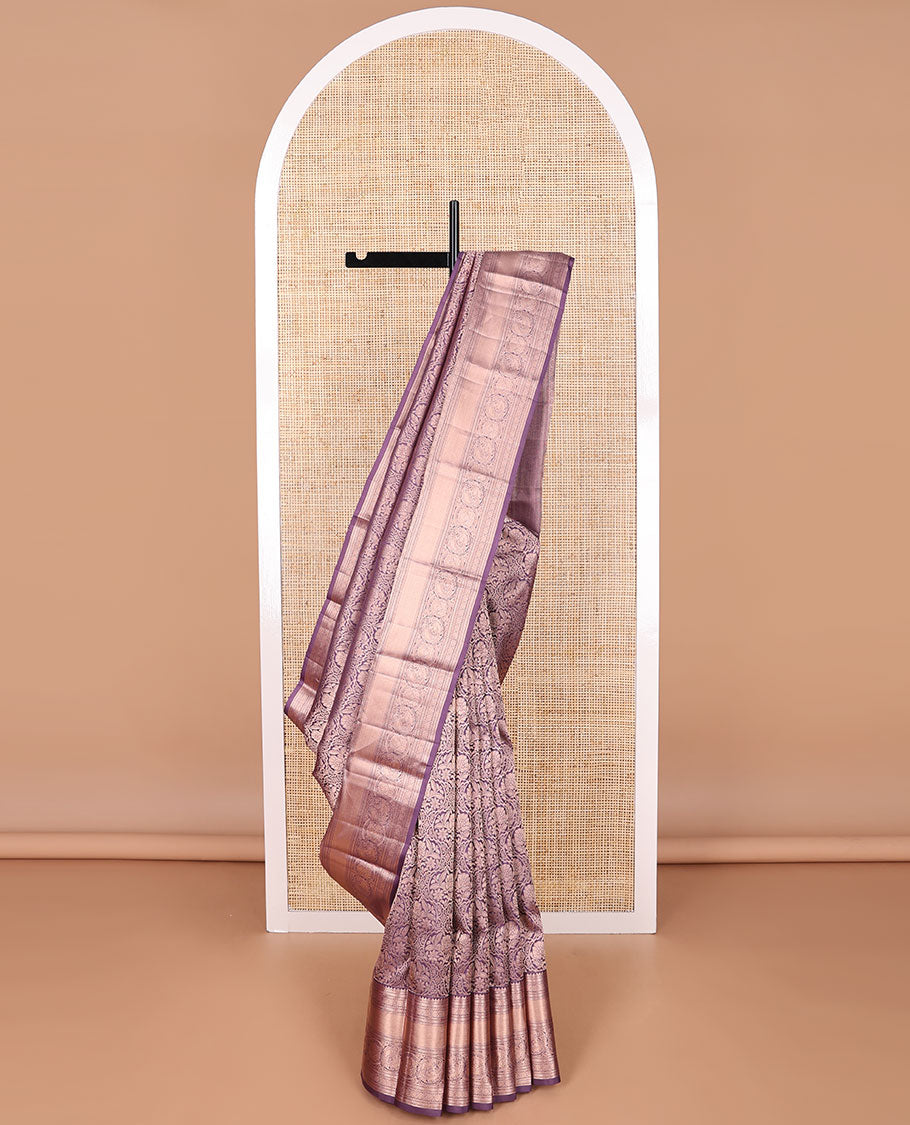 Purple floral design kancheepuram silk saree with self border of rekku, banaras, muthu, kathir, poo chakram design & zari design pallu