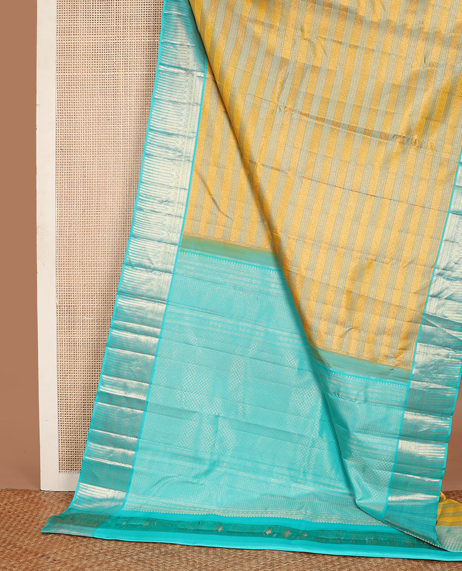 Yellow jacquard wedding silk saree, contrast zari border of muthu,banaras, manga & kathir designs & jaal pallu