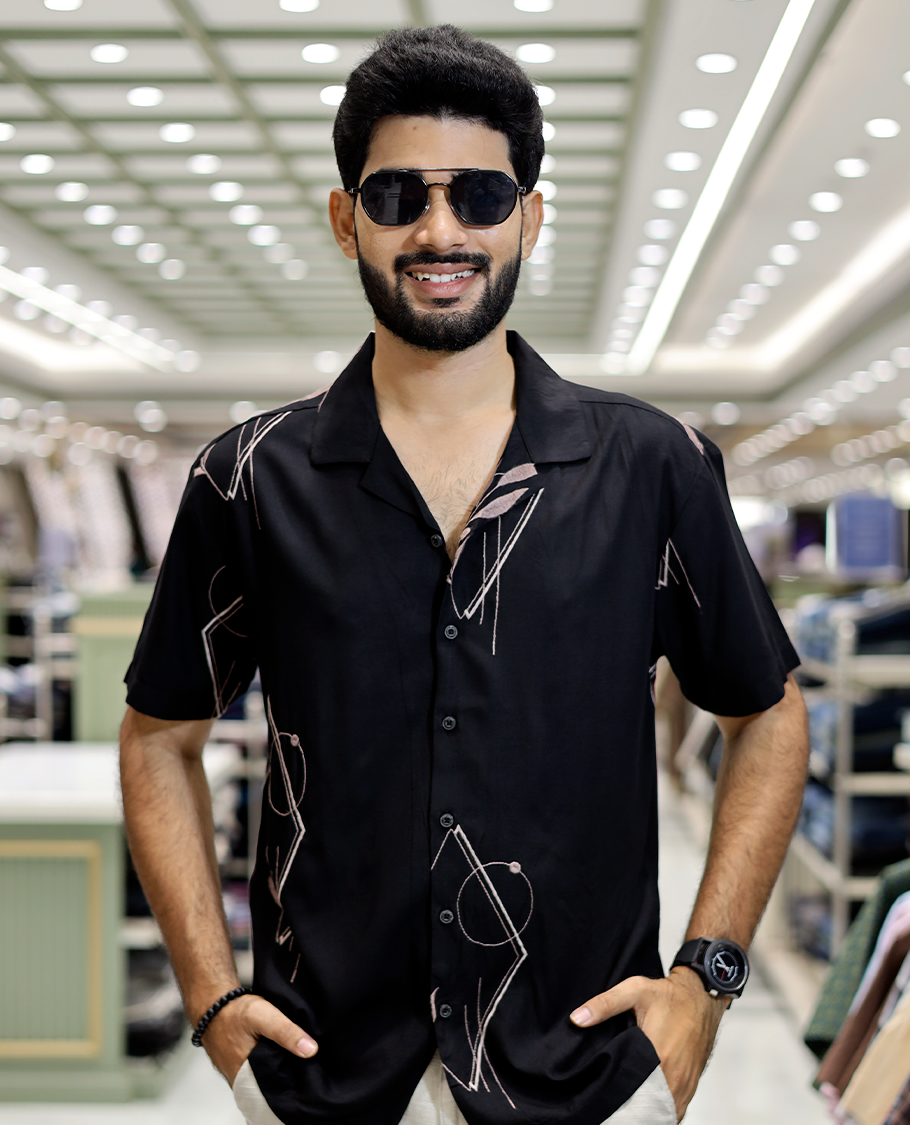 Black Floral Geometric Cotton-Blended Casual Shirt
