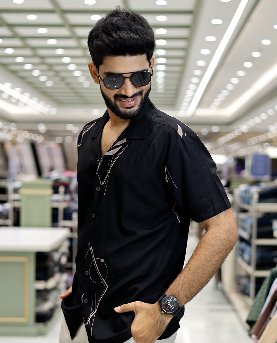 Black Floral Geometric Cotton-Blended Casual Shirt