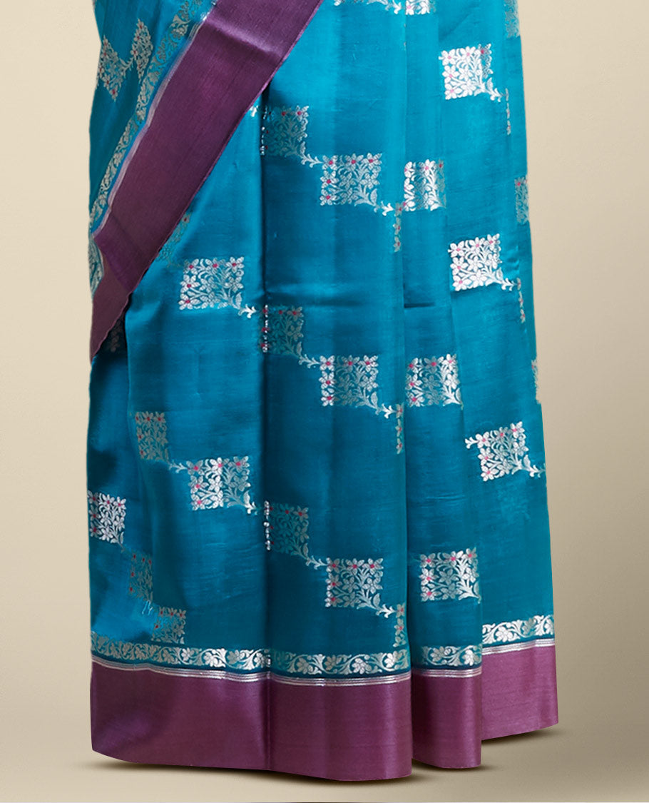 Blue geometric motifs dupion silk saree with contrast plain border