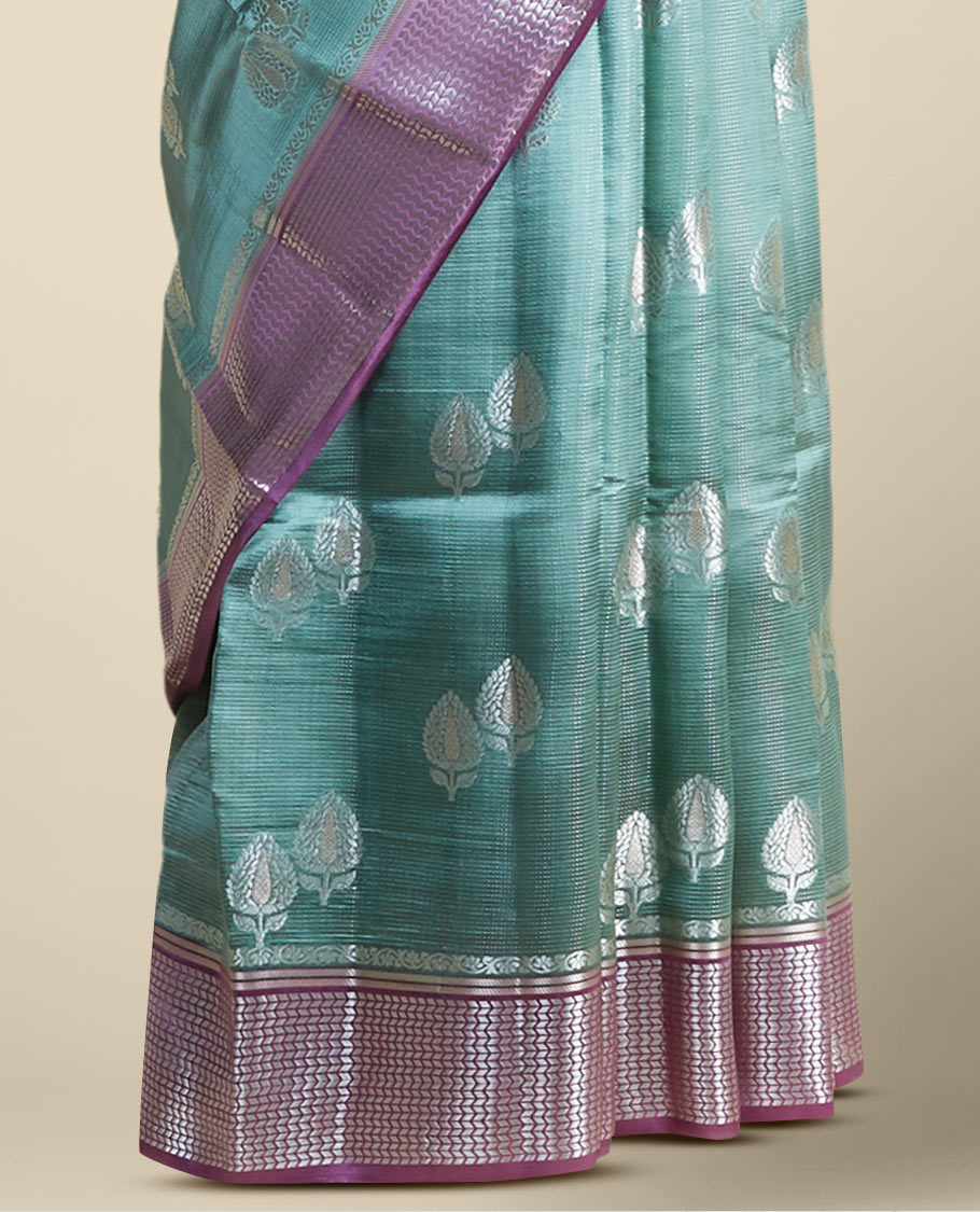 Green floral motifs dupion silk saree with contrast intricate zari design border