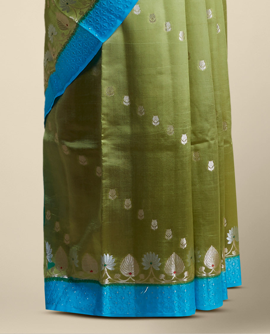 Green floral motifs dupio silk saree with contrast floral embroidery border