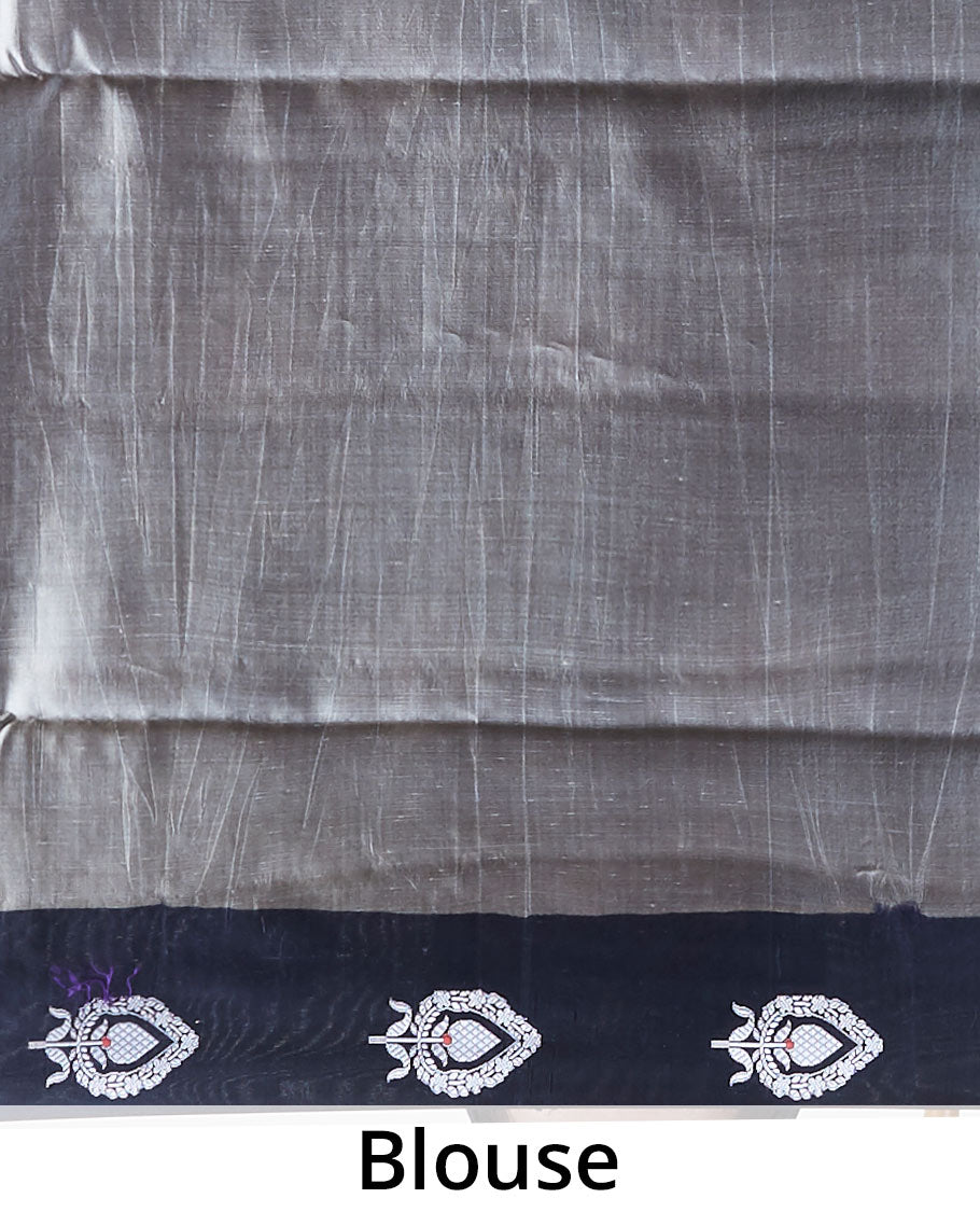 Black leaf motifs dupion silk saree with contrast striped floral zari design border