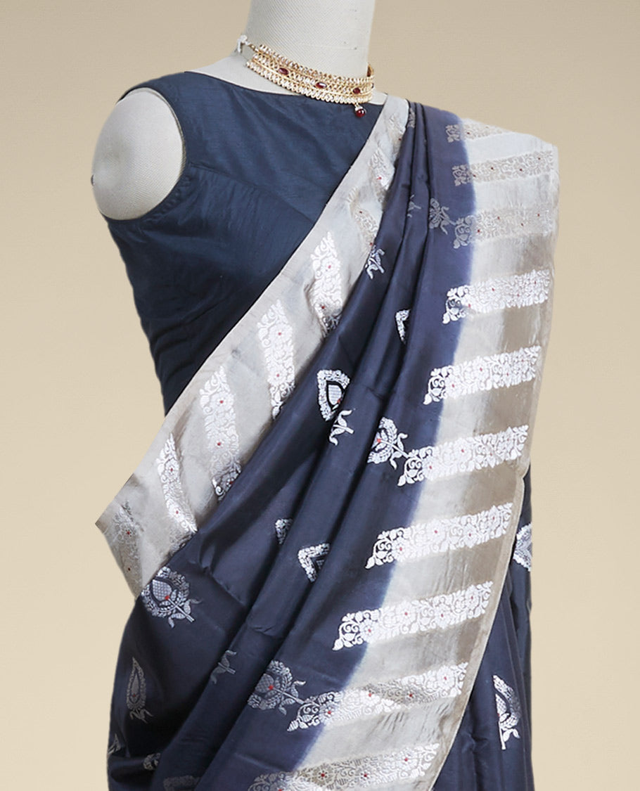 Black leaf motifs dupion silk saree with contrast striped floral zari design border