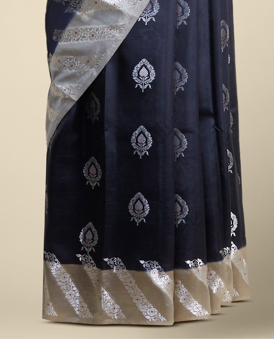 Black leaf motifs dupion silk saree with contrast striped floral zari design border