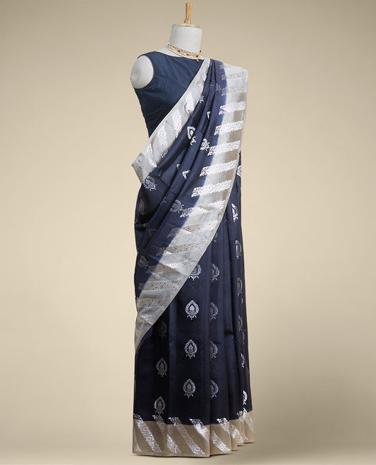 Black leaf motifs dupion silk saree with contrast striped floral zari design border