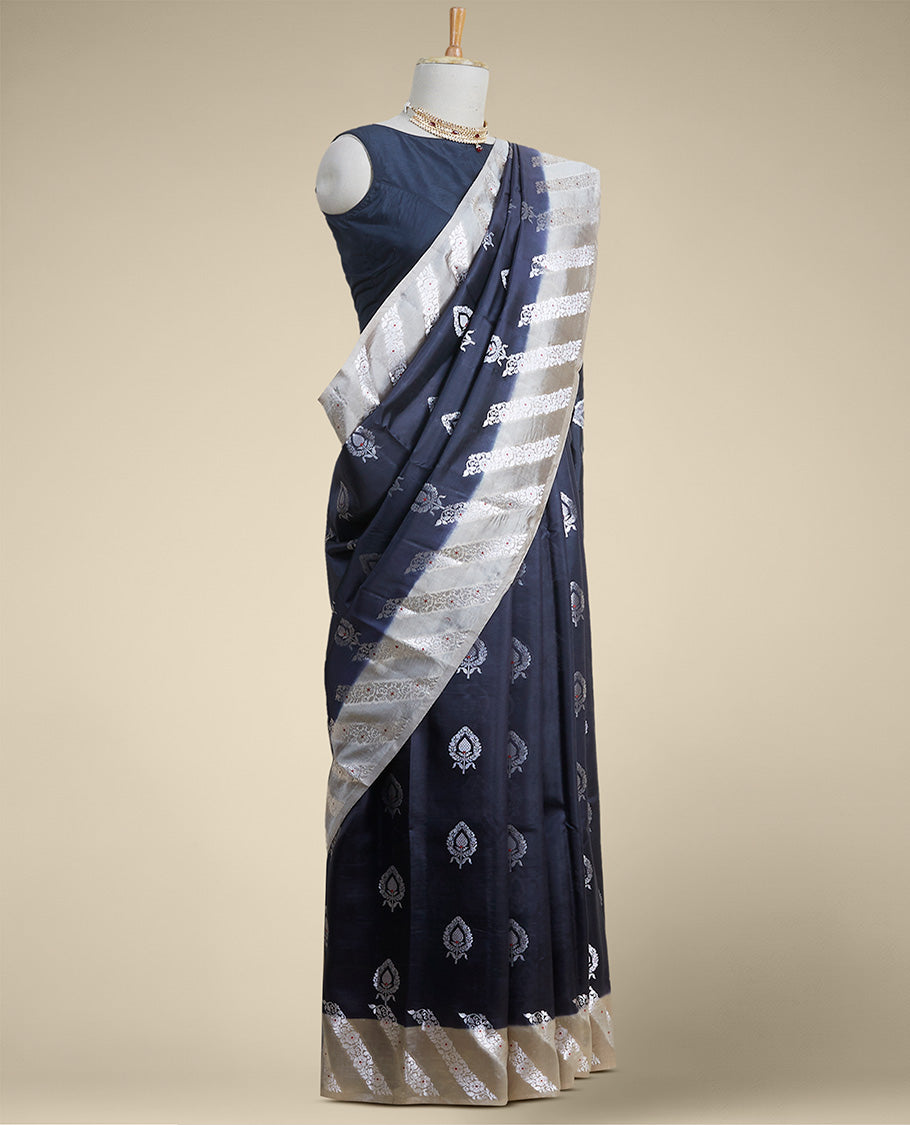 Black leaf motifs dupion silk saree with contrast striped floral zari design border