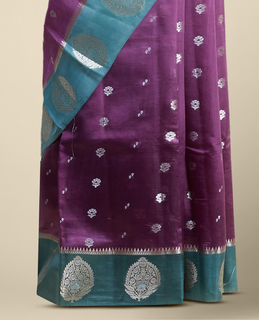 Purple floral motifs dupion silk saree with contast zari design border