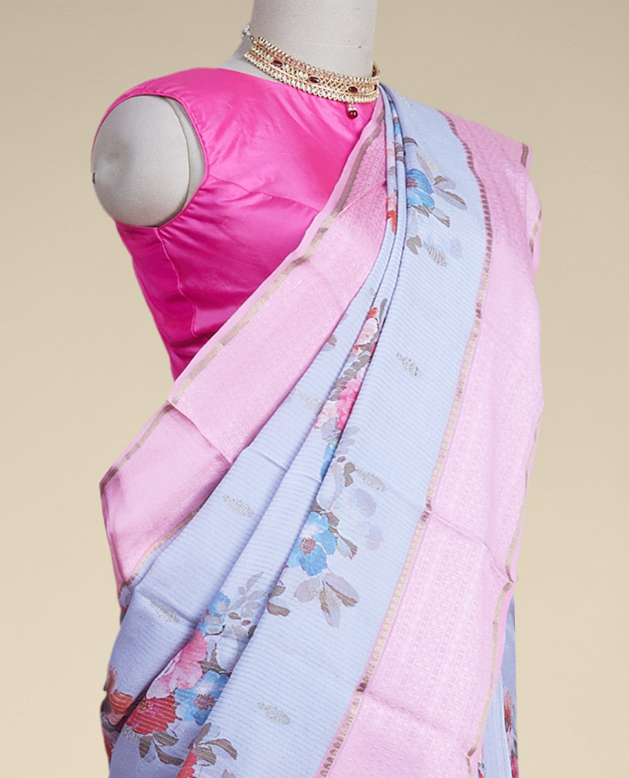 multi-colored floral printed pure crepe saree with contrast floral zari border