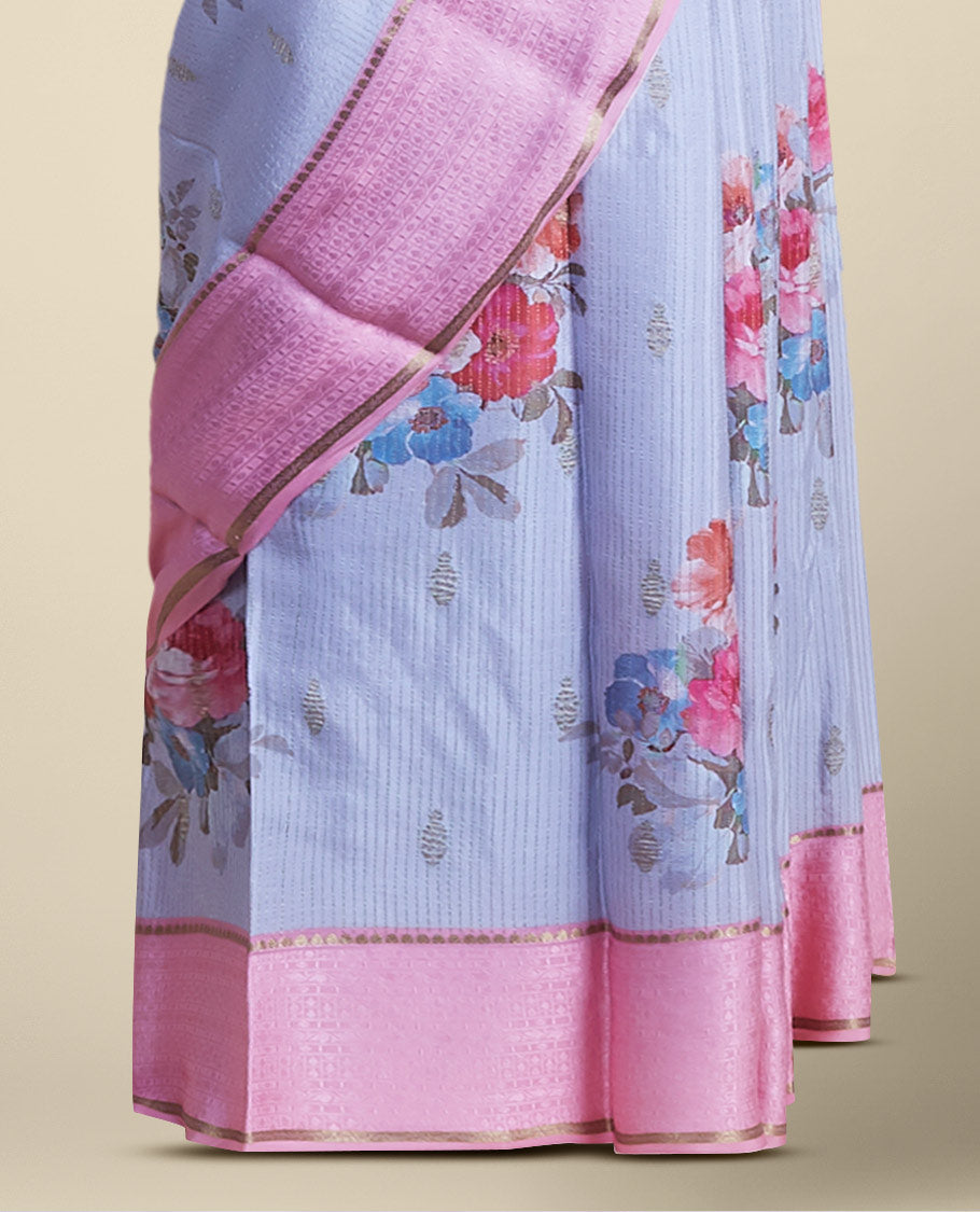 multi-colored floral printed pure crepe saree with contrast floral zari border