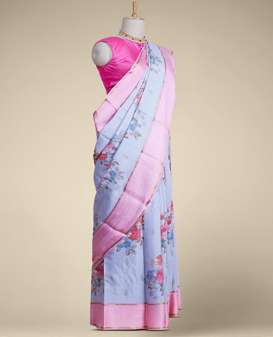 multi-colored floral printed pure crepe saree with contrast floral zari border
