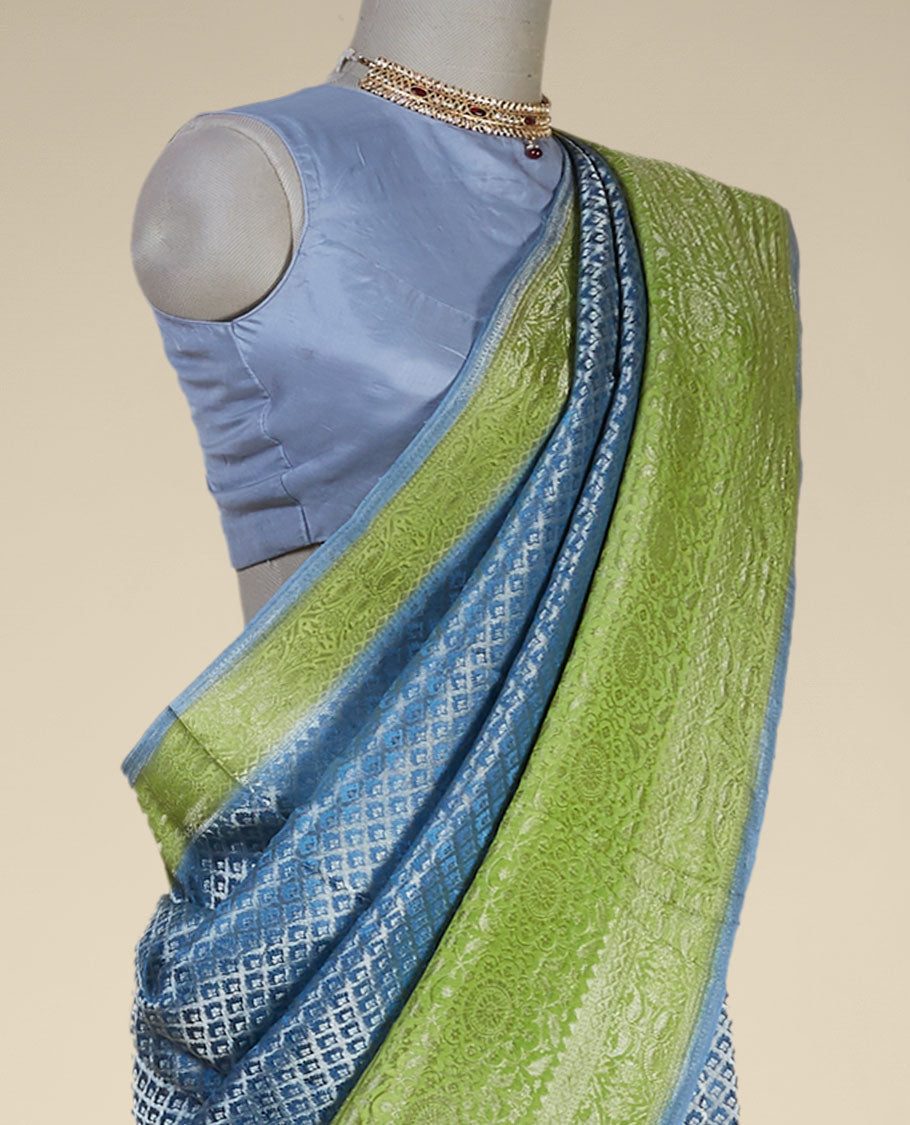 Blue argyle pattern pure crepe saree with intricate floral zari border