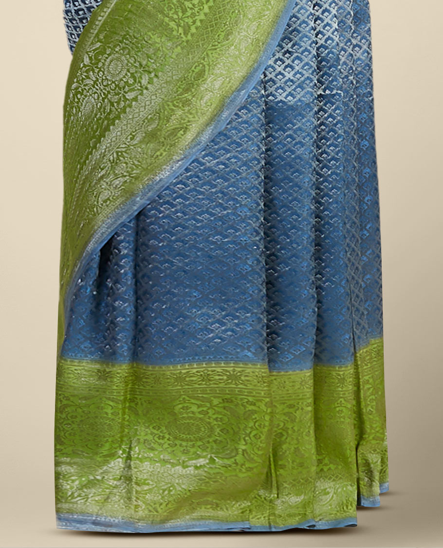 Blue argyle pattern pure crepe saree with intricate floral zari border