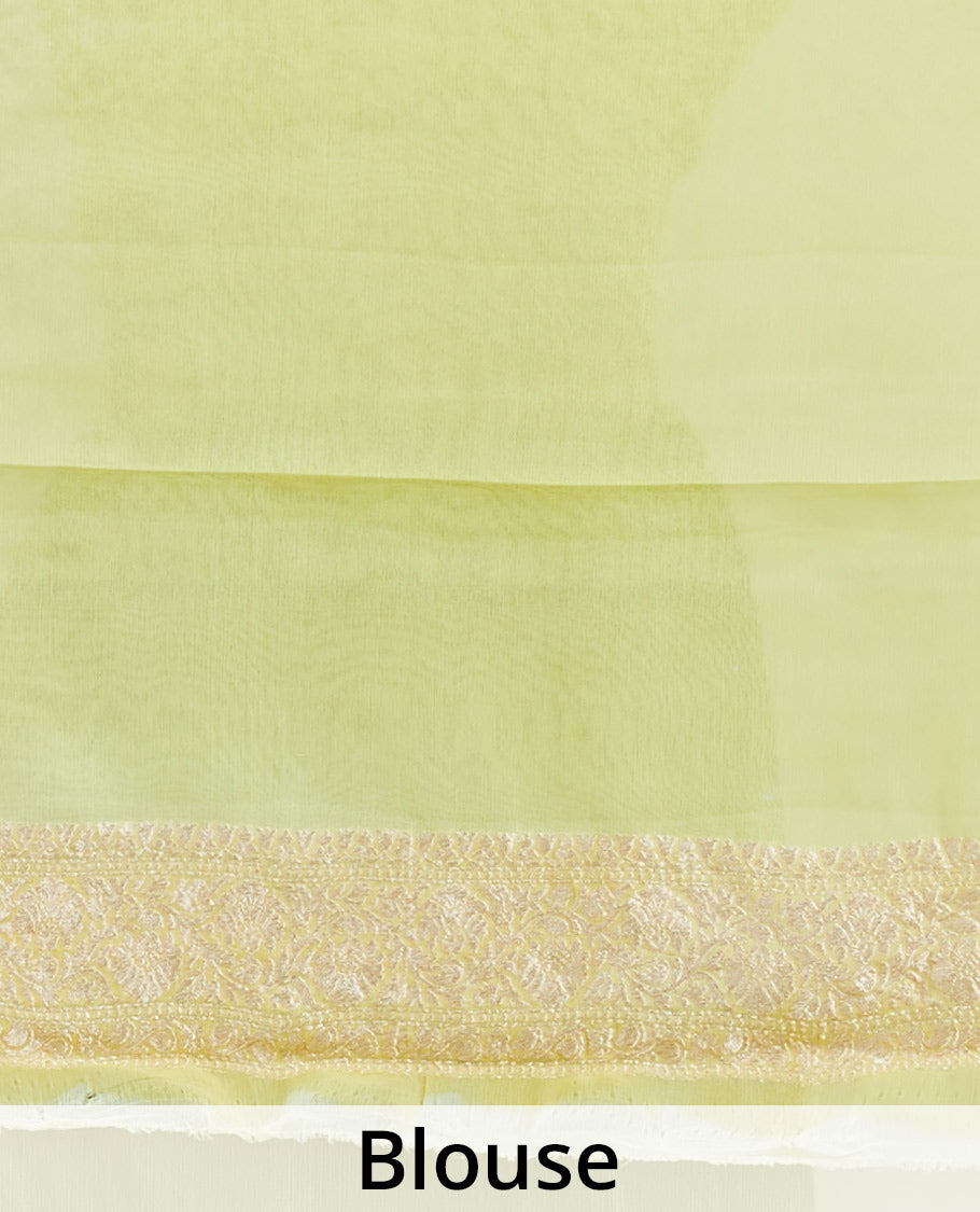 Yellow floral vine design banaras georgette saree with contrast inticate zari border