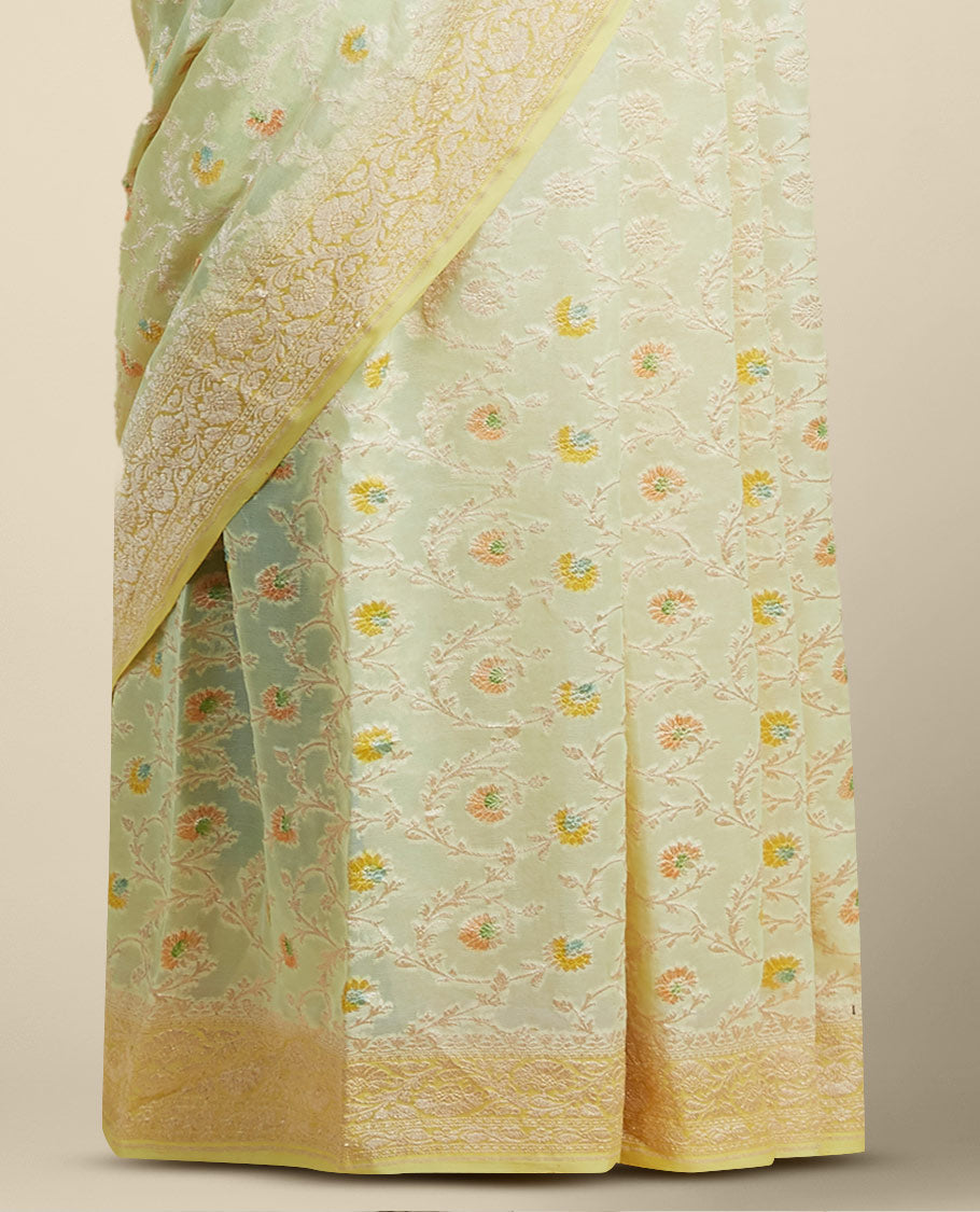 Yellow floral vine design banaras georgette saree with contrast inticate zari border