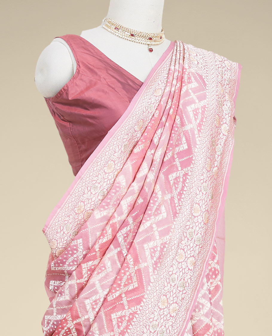 Maroon geometric jacquard banaras crepe saree with self floral zari border