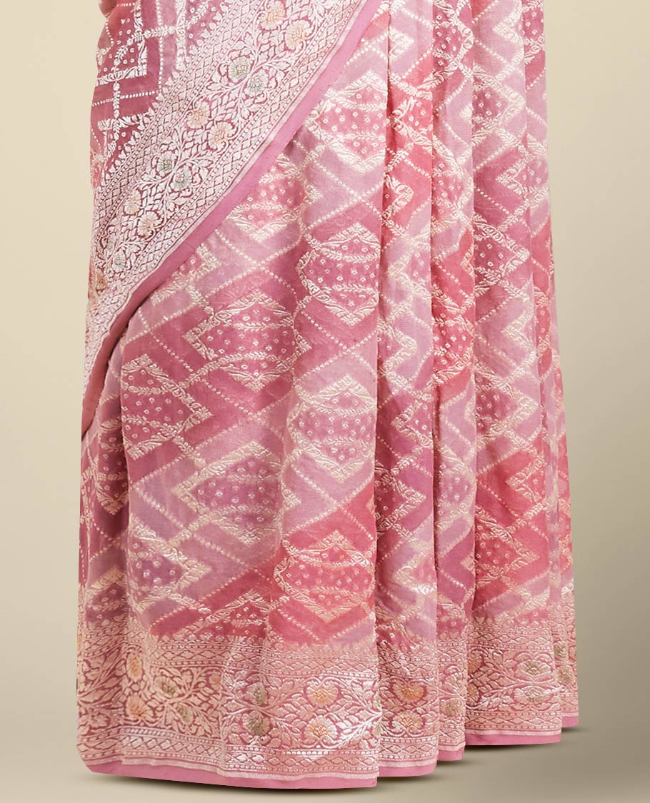 Maroon geometric jacquard banaras crepe saree with self floral zari border