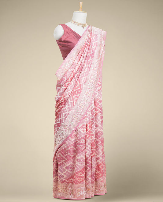 Maroon geometric jacquard banaras crepe saree with self floral zari border