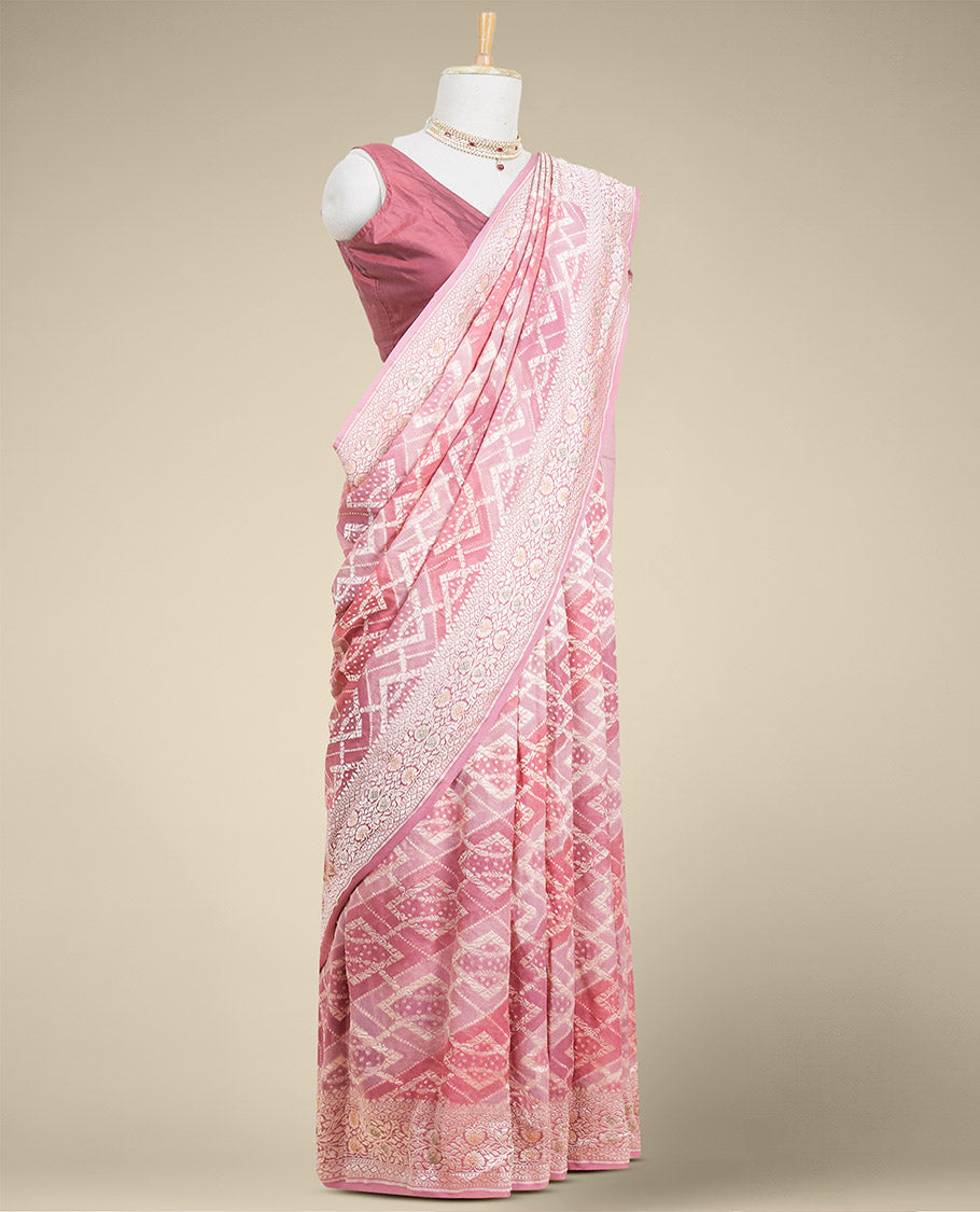 Maroon geometric jacquard banaras crepe saree with self floral zari border