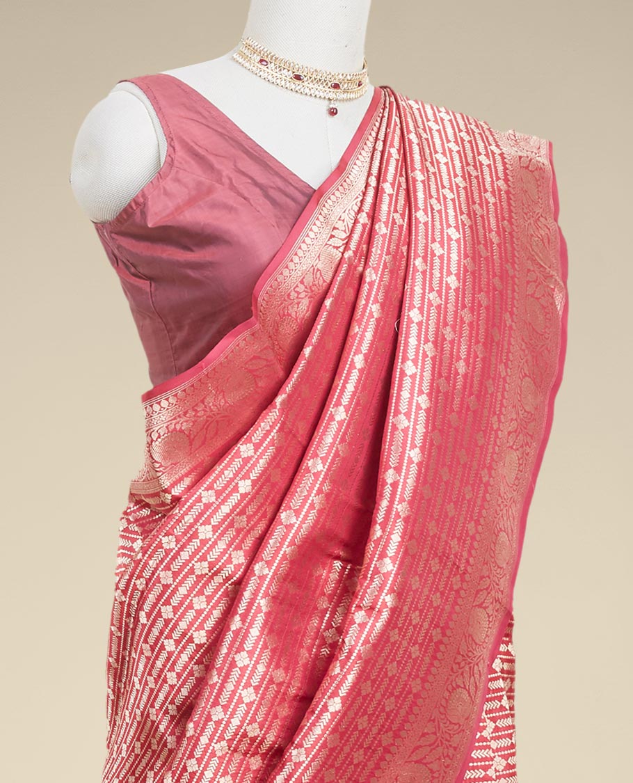maroon striped zari design kathan silk saree with self floral border