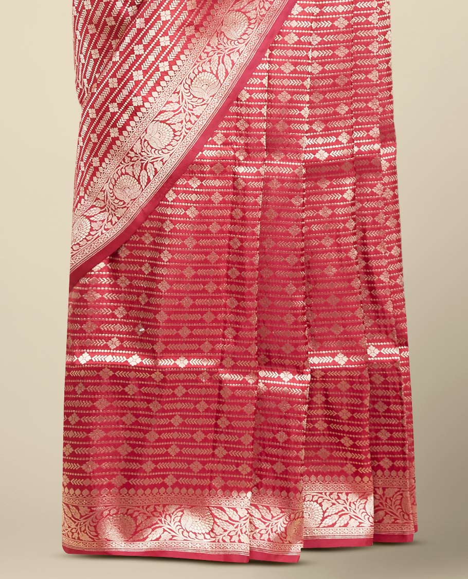 maroon striped zari design kathan silk saree with self floral border