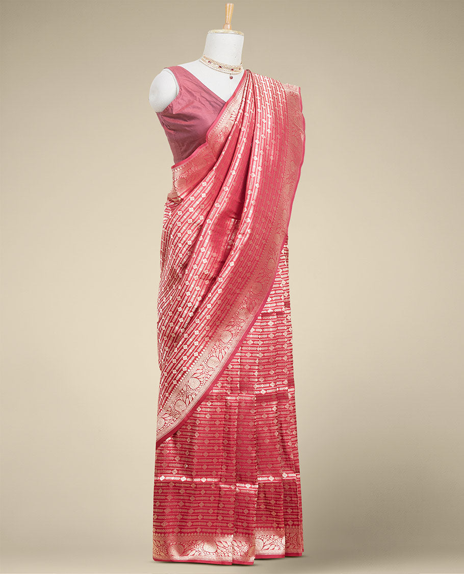 maroon striped zari design kathan silk saree with self floral border