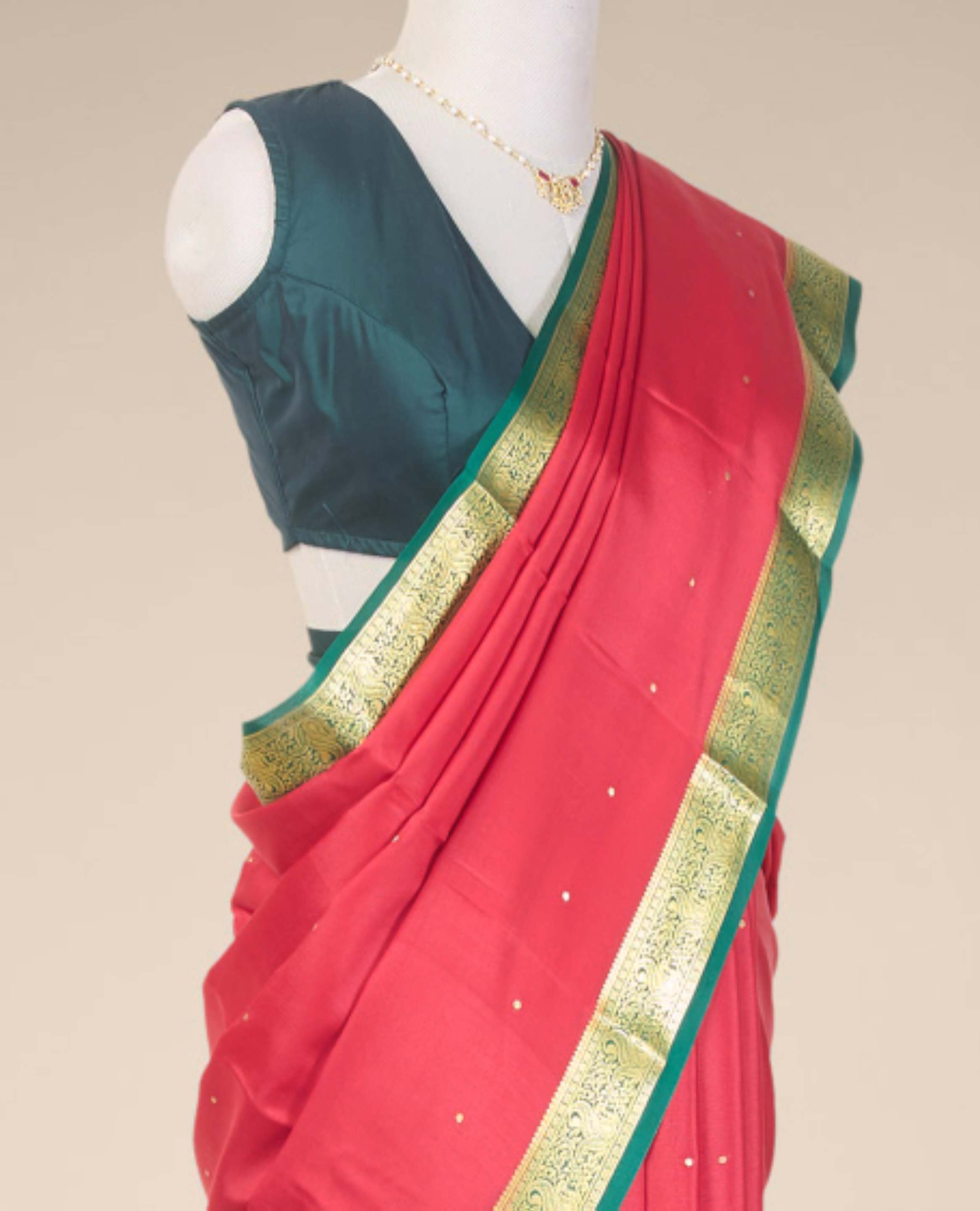 Red polka dot mysore silk with contrast zari design border