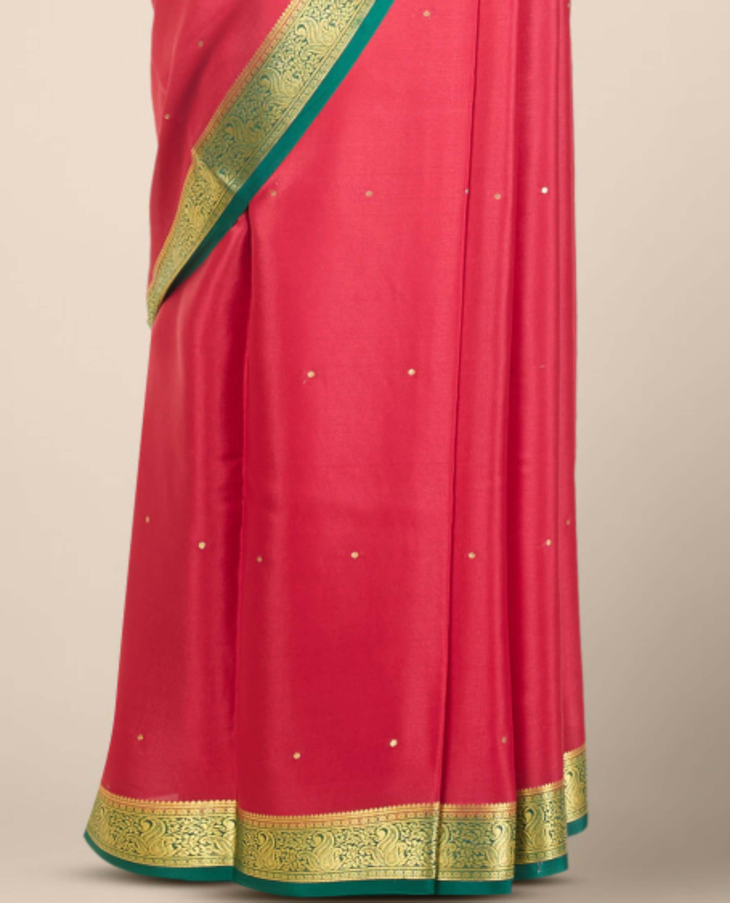 Red polka dot mysore silk with contrast zari design border