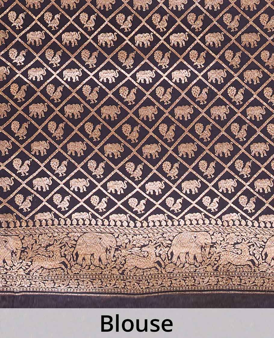 Black crepe crepe saree with self animal, floral design border