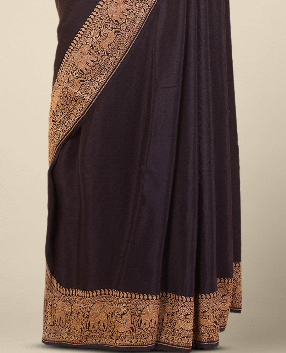 Black crepe crepe saree with self animal, floral design border