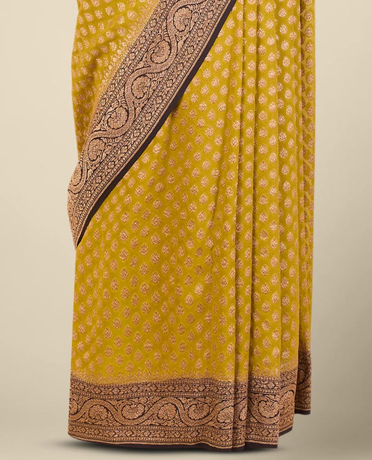 Green floral design banaras georgette saree with contrast floral design border