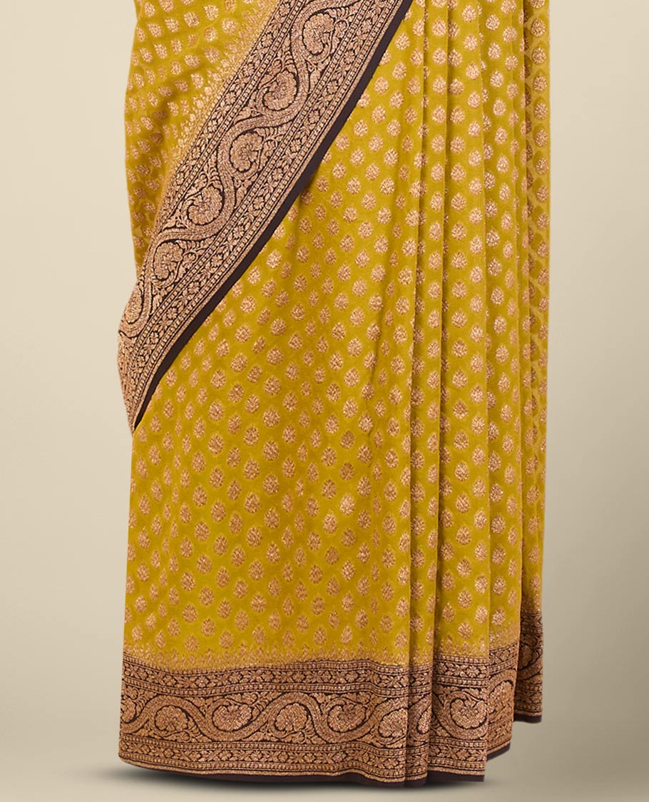 Green floral design banaras georgette saree with contrast floral design border
