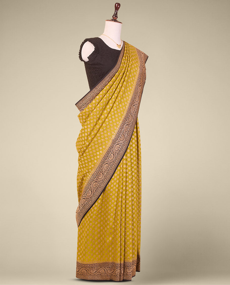 Green floral design banaras georgette saree with contrast floral design border